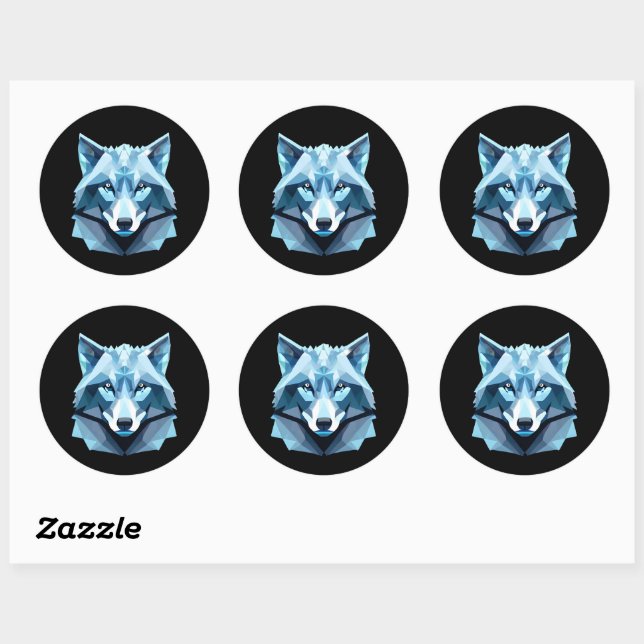Blue Geometric Wolf Head Classic Round Sticker (Sheet)