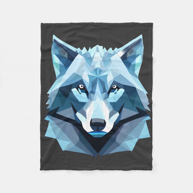 Blue Geometric Wolf Head Fleece Blanket (Front)