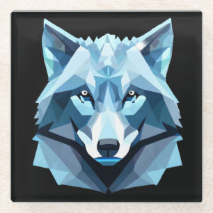 Blue Geometric Wolf Head Glass Coaster