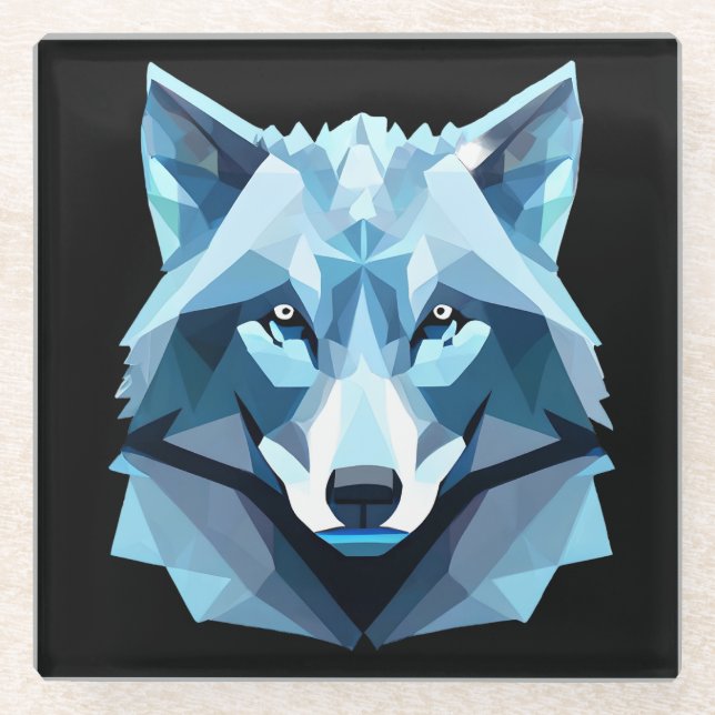 Blue Geometric Wolf Head Glass Coaster (Front)