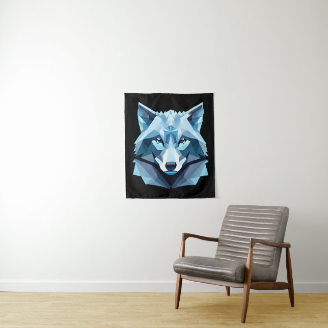 Blue Geometric Wolf Head Tapestry (In Situ)