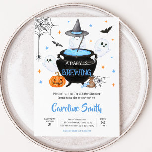 Blue Ghost Halloween Baby is Brewing Baby Shower Invitation