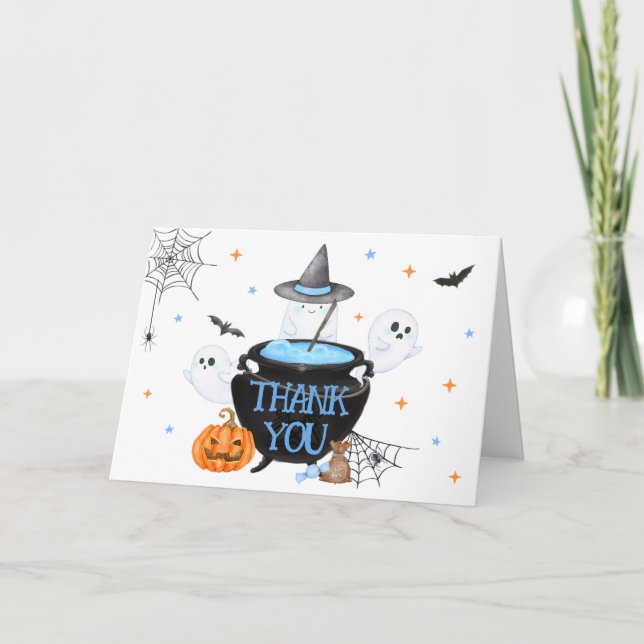Blue Ghost Halloween Baby is Brewing Baby Shower Thank You Card (Front)