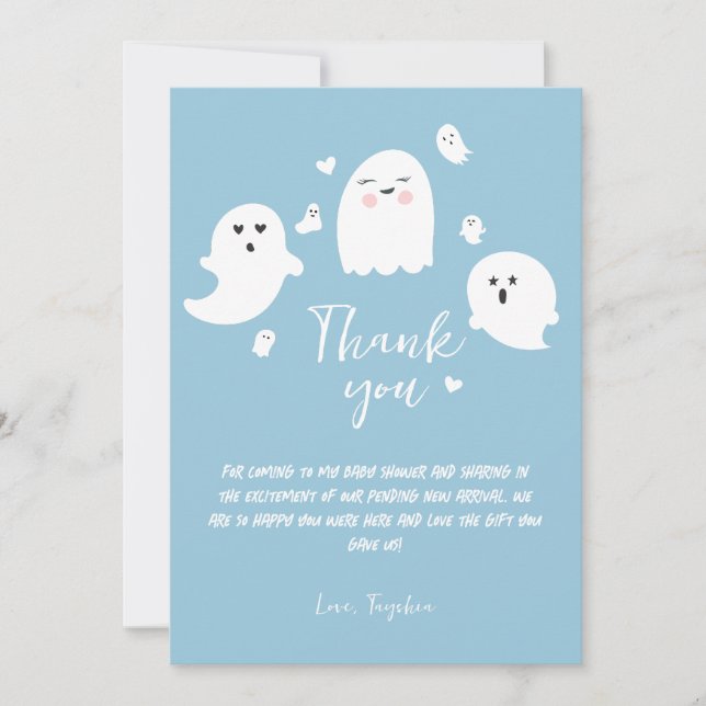 Blue Ghost Halloween Boy Baby Shower Thank You Card (Front)