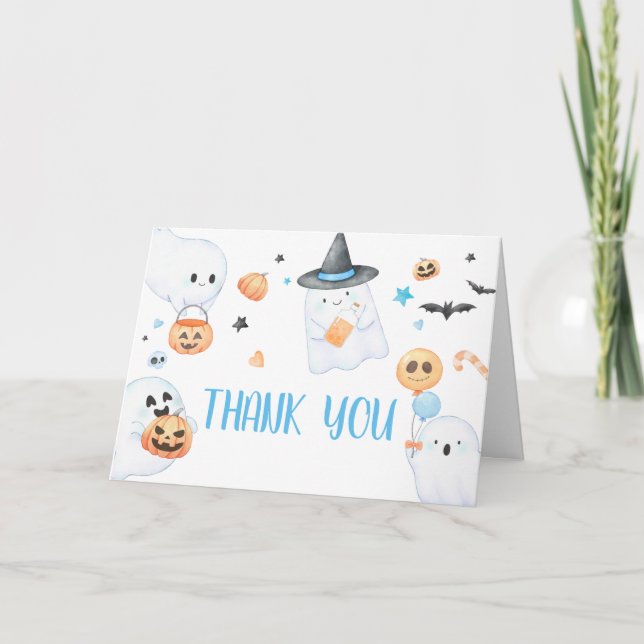 Blue Ghost Halloween Little Boo Baby Shower Thank You Card (Front)