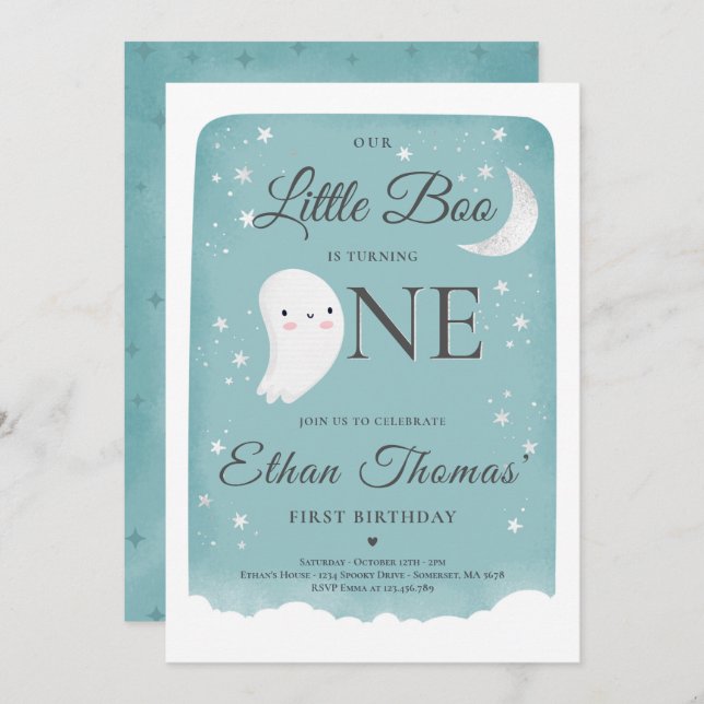Blue Ghost Little Boo Birthday Party Halloween Invitation (Front/Back)