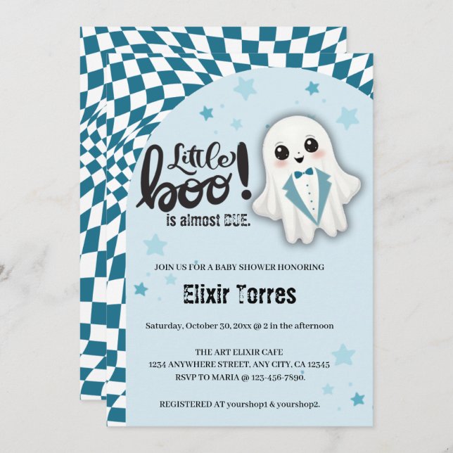 Blue Ghost Little Boo is almost due Baby Shower Invitation (Front/Back)