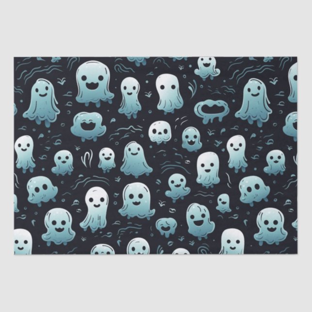 Blue Ghosts Cute Modern Adorable Black Halloween Tissue Paper (Front)