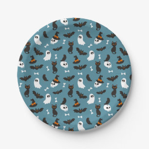 Blue Ghosts Skulls Ravens Cats Halloween Patterns Paper Plate