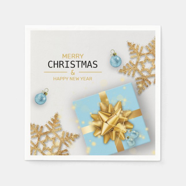 Blue Gift Box Christmas Balls Gold Snowflakes Napkin (Front)