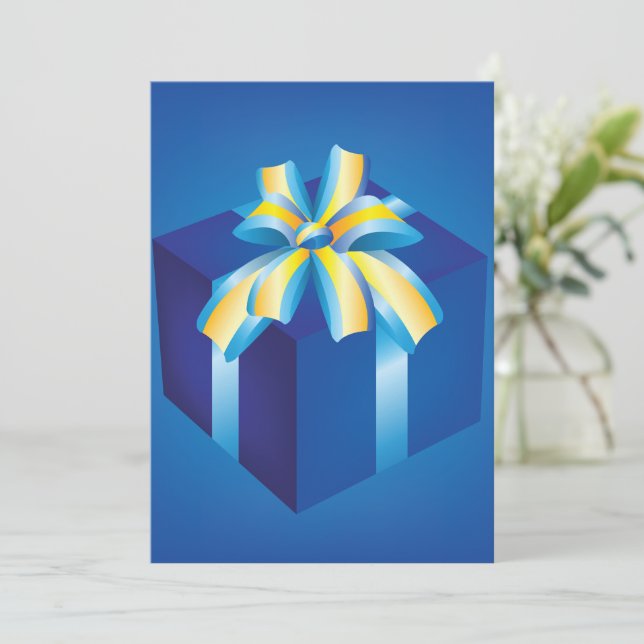Blue Gift Box with Yellow and Aqua Ribbon  Invitation (Standing Front)