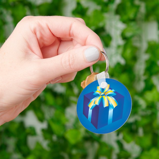 Blue Gift Box with Yellow and Aqua Ribbon  Key Ring (Creator Uploaded)