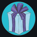 Blue Gift Present Bow Christmas Hanukkah Holiday Classic Round Sticker<br><div class="desc">Stickers feature an original marker illustration of a wrapped gift with bow,  printed on a blue background. Perfect for Christmas,  Hanukkah,  birthday party invitations,  and more.

Don't see what you're looking for? Need help with customisation? Click "ask this designer" to have something created just for you.</div>