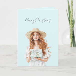 Blue Gift Red Hair Woman Christmas   Card