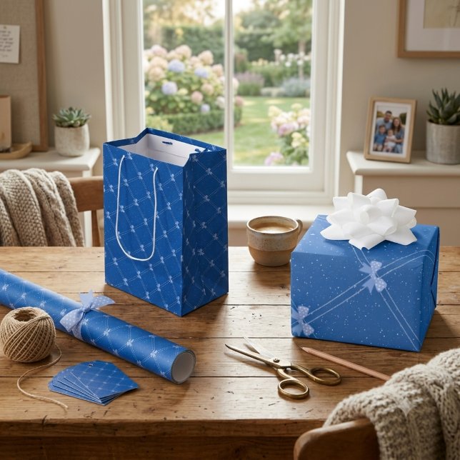 Blue Gift, White Polka Dots & Blue Bow Pattern Medium Gift Bag (Creator Uploaded)