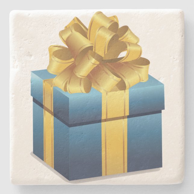 Blue Gift With Gold Ribbon Stone Coaster (Front)