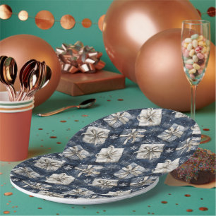 Blue Gifts Bows Silver Snowflakes Christmas Paper Plate