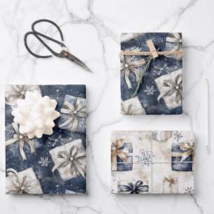 Blue Gifts Bows Silver Snowflakes Christmas Wrapping Paper Sheet