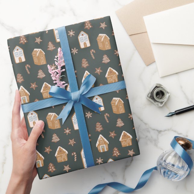 Blue Gingerbread House Christmas Pattern Wrapping Paper (Gifting)