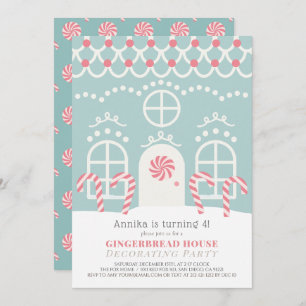 Blue Gingerbread House Decorating Birthday Party Invitation