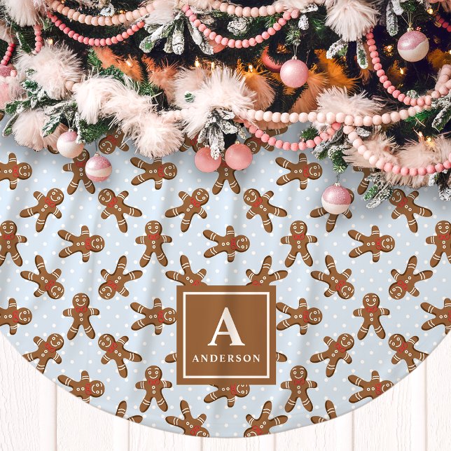 Blue Gingerbread Man Monogram Christmas Brushed Polyester Tree Skirt (Creator Uploaded)
