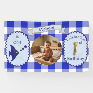 Blue Gingham 1st Birthday Photo Fish Party Banner
