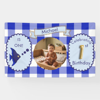 Blue Gingham 1st Birthday Photo Fish Party Banner