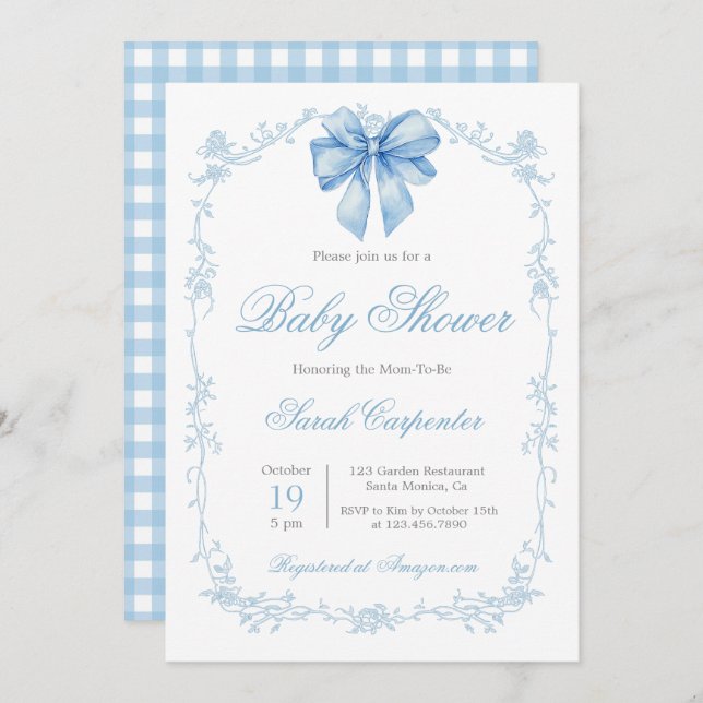 Blue Gingham and Bow Baby Shower Boy Invitation (Front/Back)