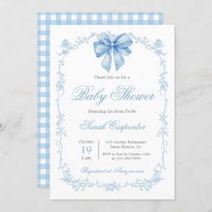 Blue Gingham and Bow Baby Shower Boy Invitation