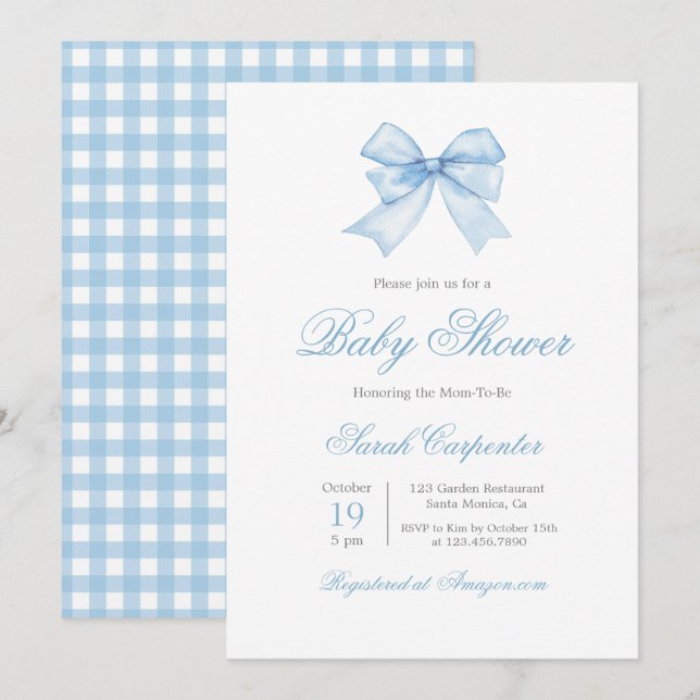 Blue Gingham and Bow Baby Shower Boy Invitation (Front/Back)