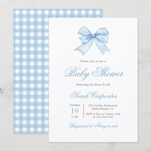 Blue Gingham and Bow Baby Shower Boy Invitation