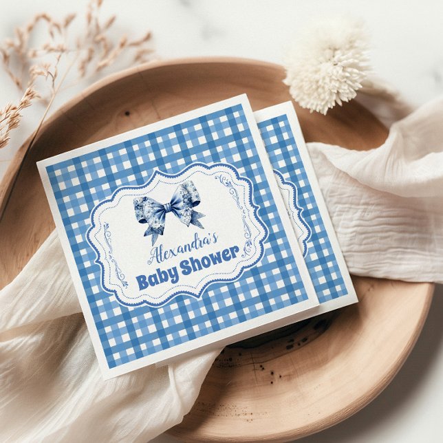 Blue Gingham and Bow  Baby Shower Napkin (Creator Uploaded)