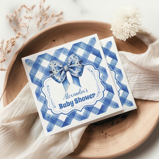 Blue Gingham and Bow  Baby Shower Napkin (Creator Uploaded)