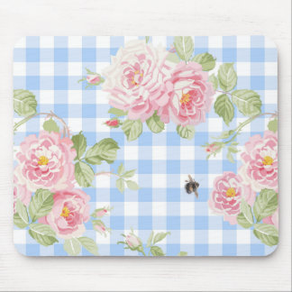 Blue Gingham and Roses Mousepad