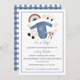 Blue Gingham and Toys Baby Boy Shower Invitation