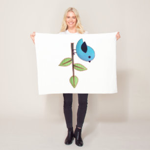 Blue Gingham Baby Bird with Embroidery Leaves Fleece Blanket