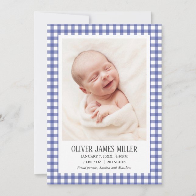 Blue Gingham Baby Birth Announcement Photo Card (Front)