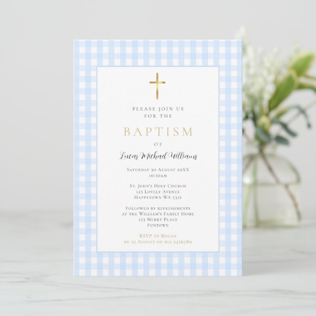 Blue Gingham Baby Boy Baptism Invitation (Standing Front)