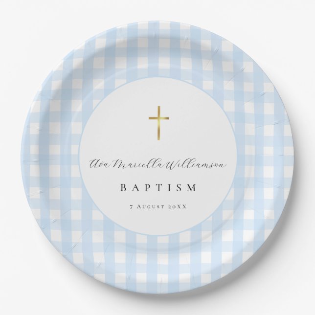 Blue Gingham Baby Boy Baptism Paper  Plate (Front)