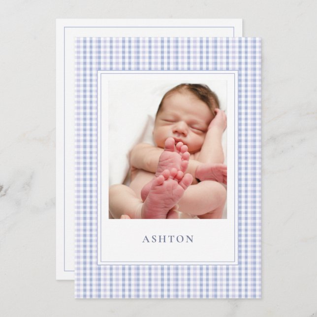 Blue Gingham Baby Boy Birth Announcement  Card (Front/Back)