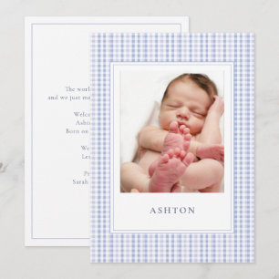 Blue Gingham Baby Boy Birth Announcement  Card