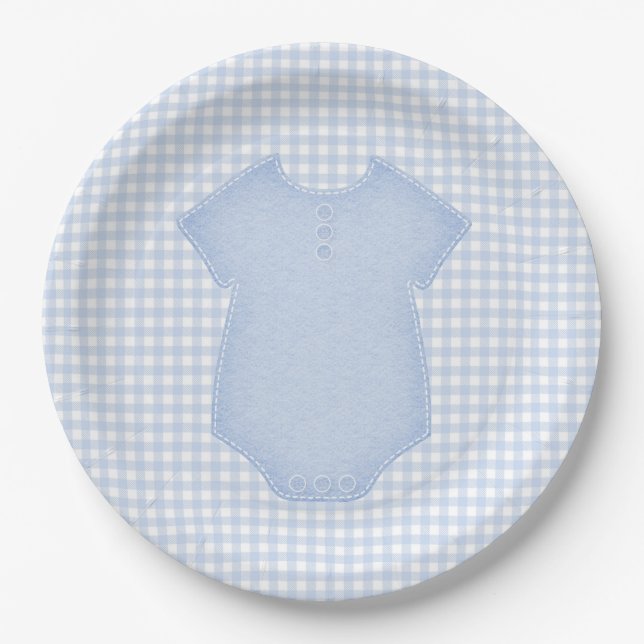 Blue Gingham Baby Boy Bodysuit Baby Shower Paper Plate (Front)