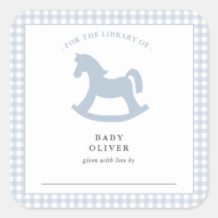 Blue Gingham baby boy Bookplate Square Sticker