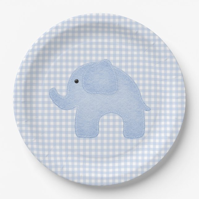 Blue Gingham Baby Boy Elephant Baby Shower Paper Plate (Front)