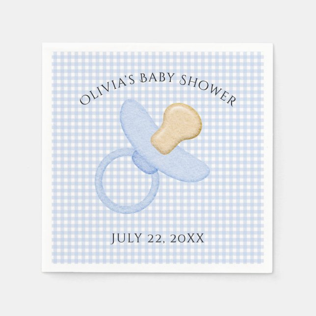 Blue Gingham Baby Boy Pacifier Baby Shower Napkins (Front)