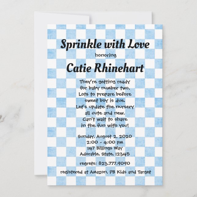 Blue Gingham Baby Boy Shower Sprinkle Invitation (Front)
