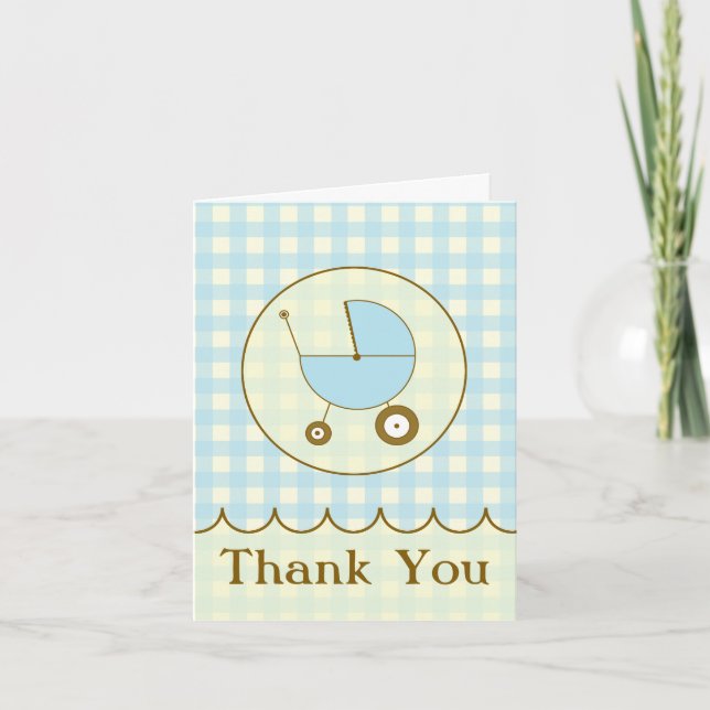 Blue Gingham Baby Carriage Thank You Card (Front)