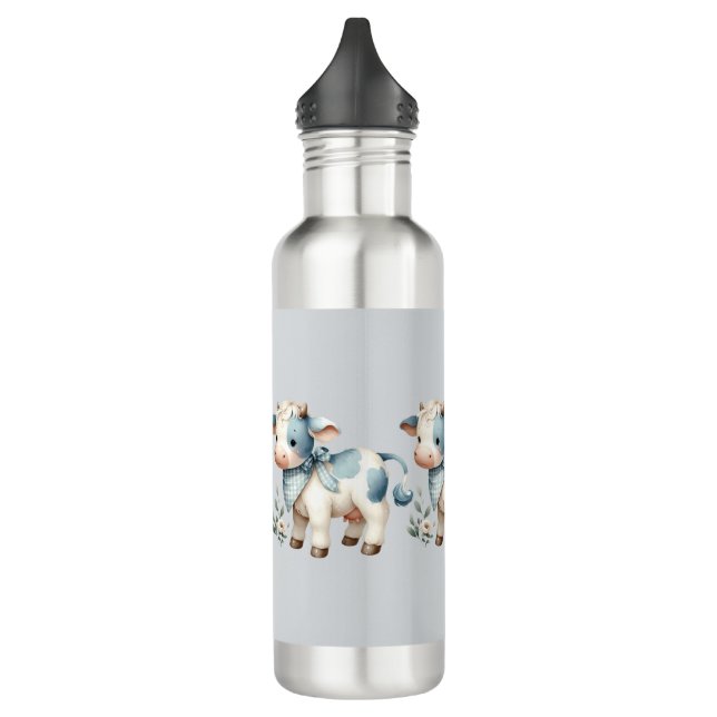 Blue Gingham Baby Cow Pastel Farm Aesthetic 710 Ml Water Bottle (Left)