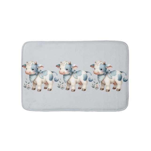 Blue Gingham Baby Cow Pastel Farm Aesthetic Bath Mat (Front)