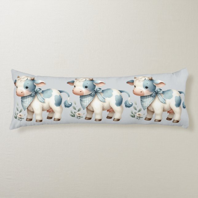 Blue Gingham Baby Cow Pastel Farm Aesthetic Body Cushion (Front)